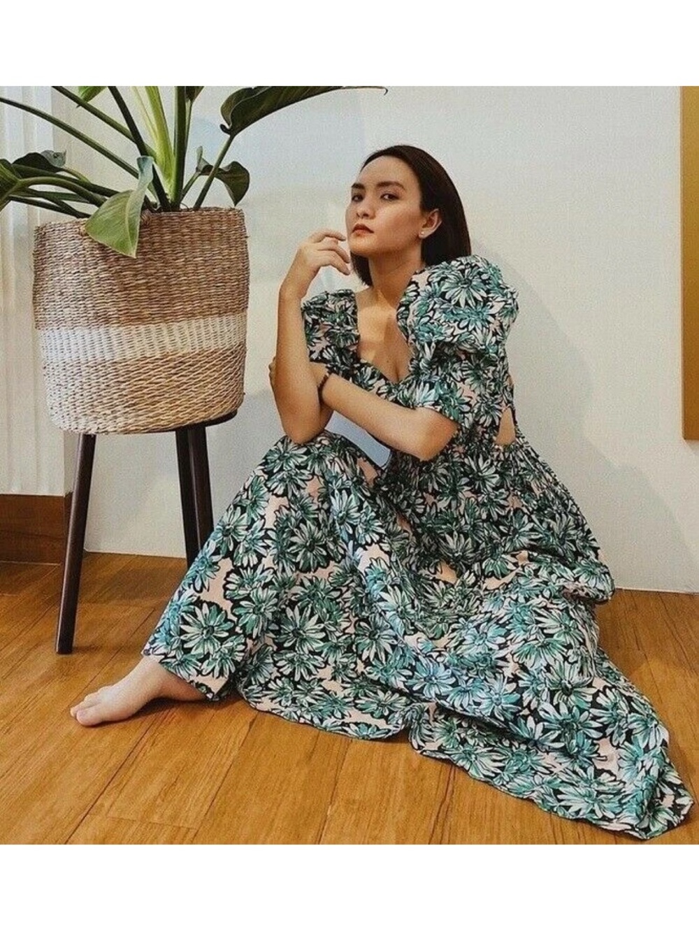 Zara Dress Womens Small Green Floral Puff Sleeve Cut Out Midi